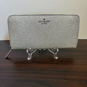 Kate Spade Tinsel Shimmy Glitter Continental Women's Wallet Silver Zip Around